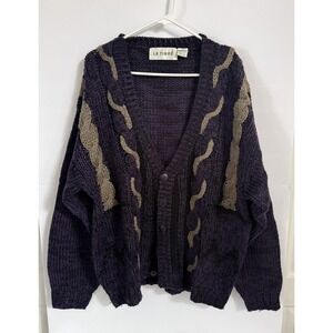 Vintage Le Tigre Cardigan Purple and Brown XL  Chunky Knit Cosby Grandpacore